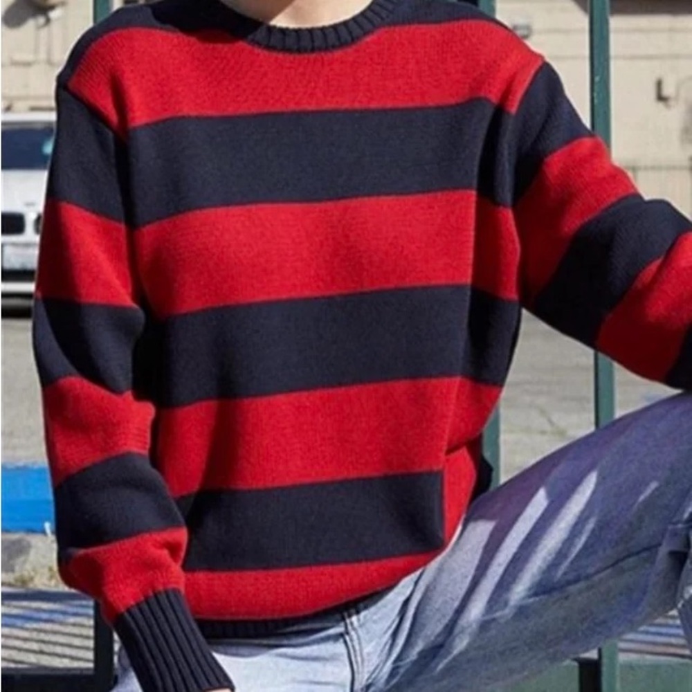 Brandy Melville Red and Navy Striped Rugby Knit Sweater M/L